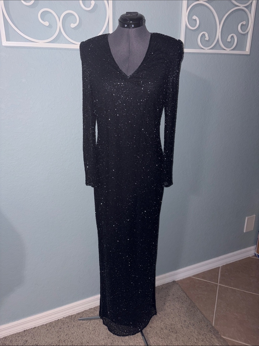Vintage Scala hand Beaded 3/4 sheer beaded sleeve side slits gown